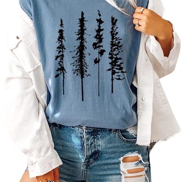Funny Graphic Women Skinny Pine Tree Shirt Summer Hiking Camping Athletic Tees N - Picture 2 of 6